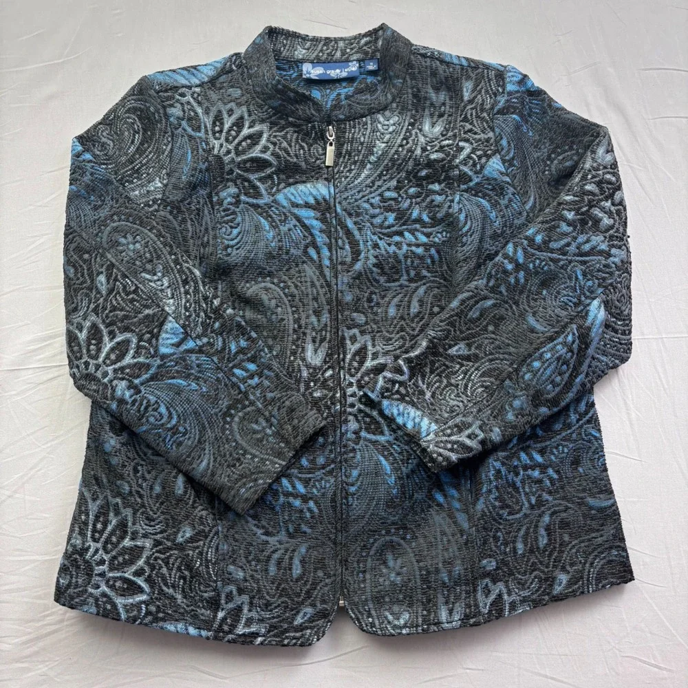 Susan Graver Style‎ Blue Black Paisley Jacquard Zip Jacket Womens 1X Mock Neck